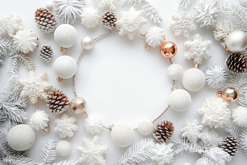 Christmas composition. Frame made of christmas decorations on white background. Flat lay, top view, copy space
