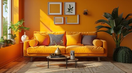 Midcentury modern interior design with yellow sofa and decoration wall.3d rendering