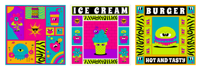 Psychedelic card with funky characters in groovy style. Retro trendy posters set. Flat vector elements in acid colors.