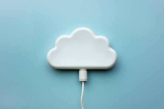 White cloud connected to server on blue background, top view.