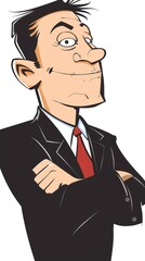 A confident cartoon businessman in a suit with crossed arms and a smirk.
