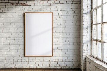 Blank picture frame mockup on white wall.