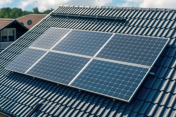 Solar panels on the roof of a house. Photovoltaic modules for renewable electric energy production.