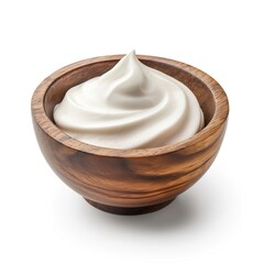 Wooden bowl with tasty sour cream isolated on white background, closeup