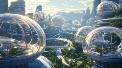 Futuristic Cityscapes: A mesmerizing panorama of a futuristic city, featuring towering structures encased in shimmering domes, reflecting a vision of advanced technology, sustainable living, and urban