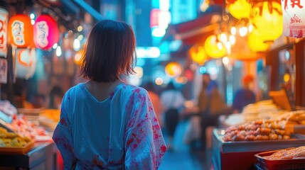 Obraz premium Close-up of a woman walking in a vibrant Japanese street food market, with colorful food stalls and bustling stalls in the background.