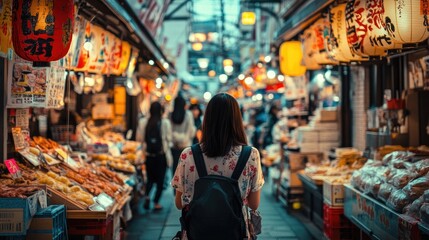 Close-up of a woman navigating a lively Japanese street food market, surrounded by an array of colorful stalls and vendors.