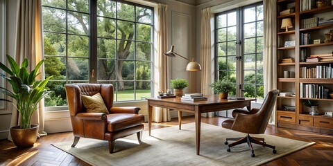 Serene study with natural light and worn leather armchair