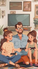 A family enjoys gaming together in a cozy living room.
