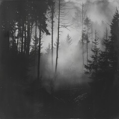 Foggy Night in the Forest with Silhouetted Trees