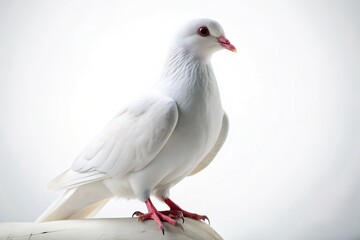 Fototapeta premium Serene white dove perches on a pure white background, its gentle gaze and soft feathers evoking peace, hope, and tranquility in a minimalist setting.