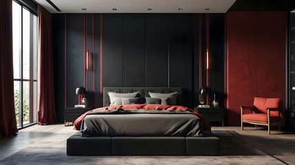 Minimal interior of simple beautiful bedroom in black red tone, home decor with color scheme stylish contemporary design for cozy living
