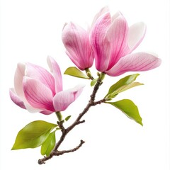 Close up of pink spring magnolia flowers and leaves on an isolated white background