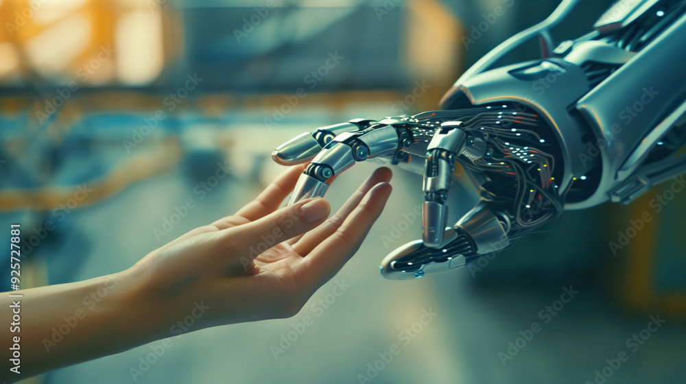 Poster exploring an advanced technology concept uniting human and robot hands for collaborative work