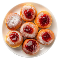 a plate of donuts with jam and powdered sugar