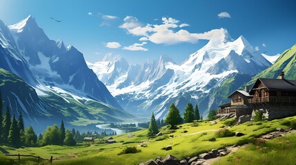 A serene mountain landscape featuring a cozy cabin nestled.