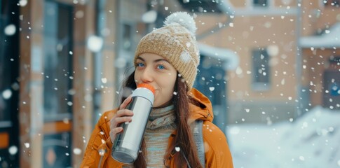 Sportswoman taking a break and drinking water while standing in nature at snowy winter day. Healthy habits, winter fitness, exercises