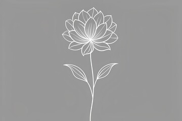Simple white outline of a blooming flower on a soft gray background, emphasizing elegance and subtlety in this serene and delicate minimalist drawing illustration.