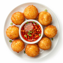 a plate of fried food with a bowl of sauce