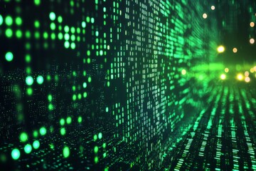 Naklejka premium Green Dark Binary Code with Data Streaming Background created with Generative AI