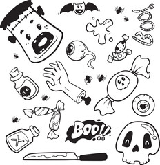 Print Halloween doodle illustration. Halloween set of elements, ghost, pumpkin and bat. Vector is cute illustration in hand drawn style