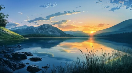 Illustrate a serene mountain lake at sunrise 