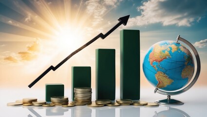 Fototapeta premium Financial growth concept with upward trending graphs, globe, and coins symbolizing investment success and global economy in optimistic atmosphere