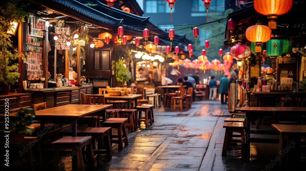Poster a street with tables and lanterns.