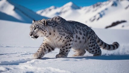 Obraz premium Snow leopard traversing serene, snowy landscape with majestic mountain backdrop, symbolizing grace and the fragility of wildlife in winter conditions
