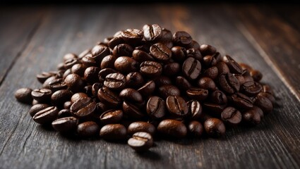Fototapeta premium Fresh roasted coffee beans arranged on wooden surface, emphasizing rich aroma and flavor Perfect for coffee enthusiasts and cafe settings