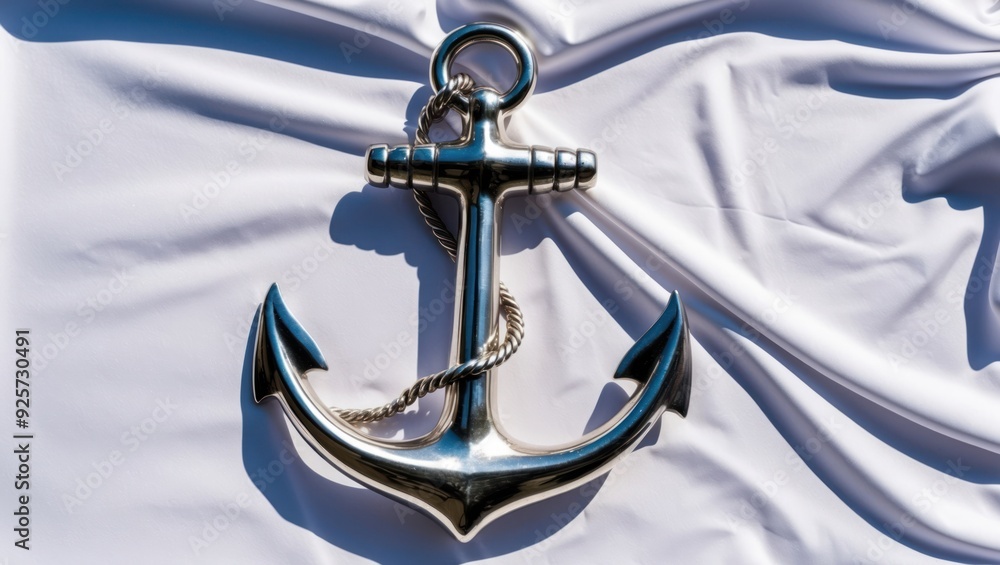 Wall mural shiny metal anchor displayed on soft white fabric, symbolizing maritime themes and seafaring adventu