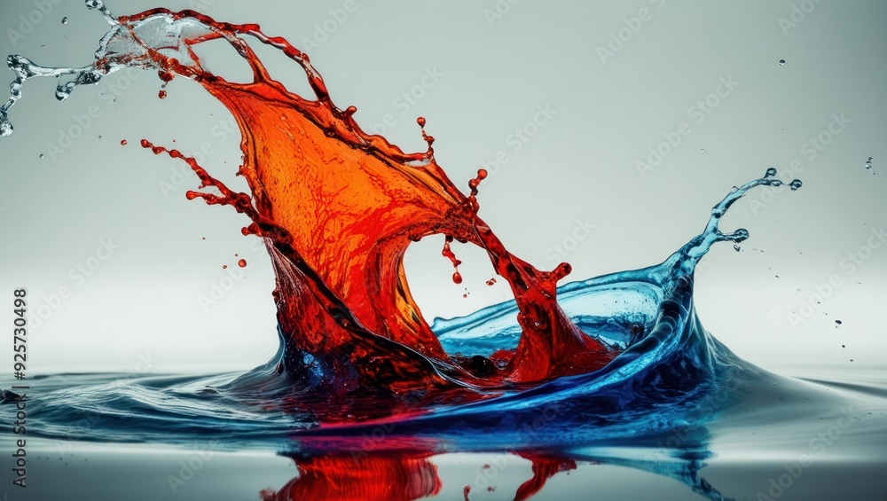 Poster dynamic splash of red and blue liquid creating a vibrant abstract design, showcasing fluidity and ar