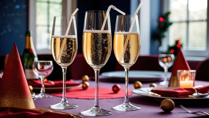 Elegant table setting featuring champagne glasses and festive decorations, perfect for celebrations, parties, and special occasions