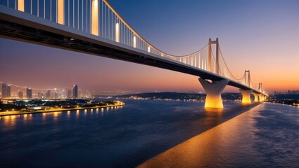 Fototapeta premium Stunning view of a modern bridge at sunset, featuring vibrant city lights reflecting on water, showcasing urban architecture and travel appeal