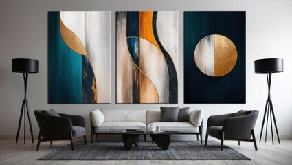 Modern living room featuring stylish decor, abstract wall art with a mix of gold and blue tones, creating a cozy and elegant atmosphere