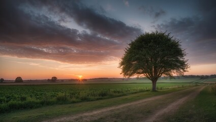 Beautiful landscape featuring a lone tree at sunset, highlighting tranquility and natural beauty in rural fields