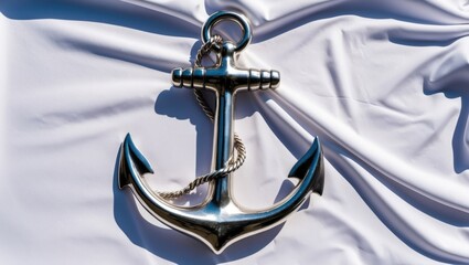 Shiny metal anchor displayed on soft white fabric, symbolizing maritime themes and seafaring adventures  Ideal for nautical decor or summer design
