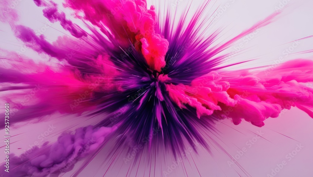Poster dynamic explosion of vibrant pink and purple colors, creating an abstract visual effect perfect for 
