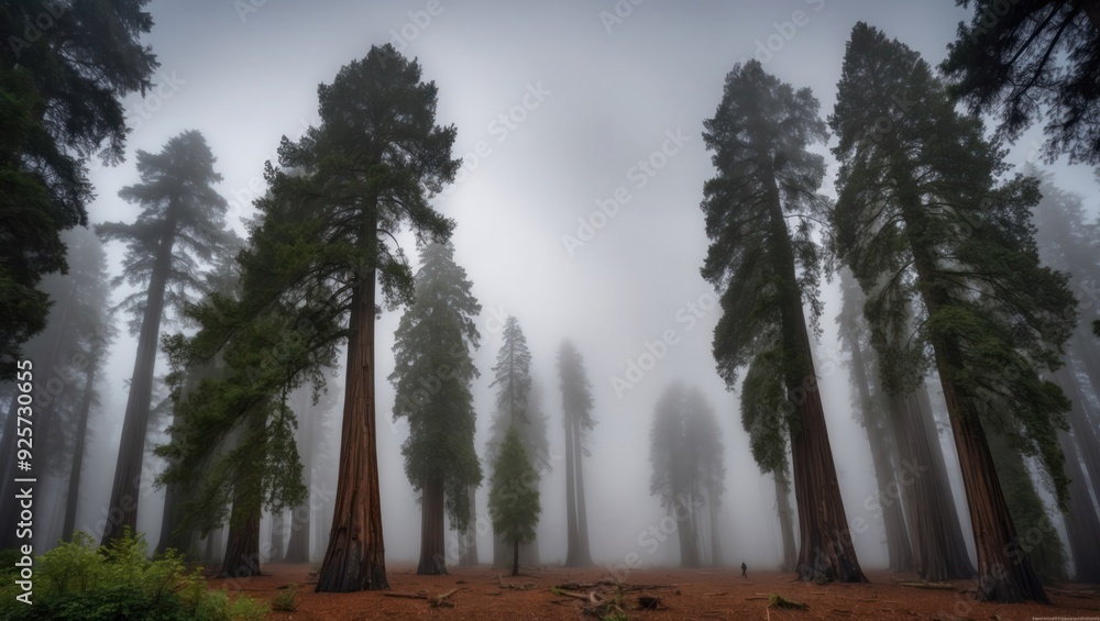 Poster misty forest scene featuring towering sequoia trees enveloped in fog, creating a tranquil and serene