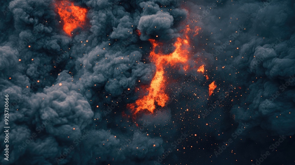 Poster fiery explosion particles: dark gray smoke clouds filled with fiery explosion particles, creating a 