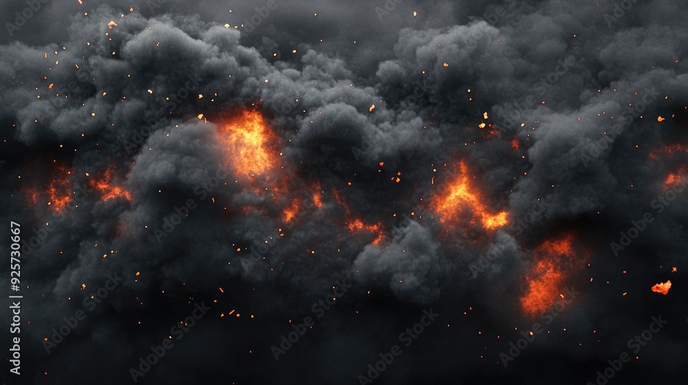 Poster fiery explosion particles: dark gray smoke clouds filled with fiery explosion particles, creating a 