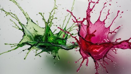 Dynamic splash effect with green and pink colors, showcasing vibrant liquid motion  Perfect for themes of energy, creativity, and refreshment