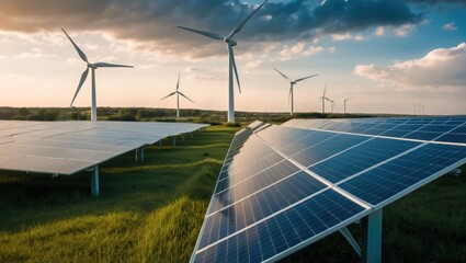 Modern renewable energy installation featuring wind turbines and solar panels under a dramatic sky, showcasing sustainable technology and eco friendly solutions