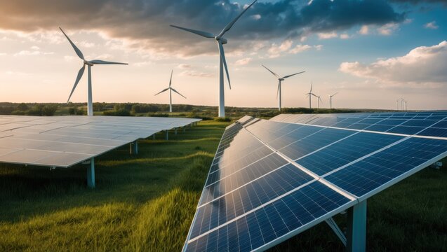 Modern renewable energy installation featuring wind turbines and solar panels under a dramatic sky, showcasing sustainable technology and eco friendly solutions