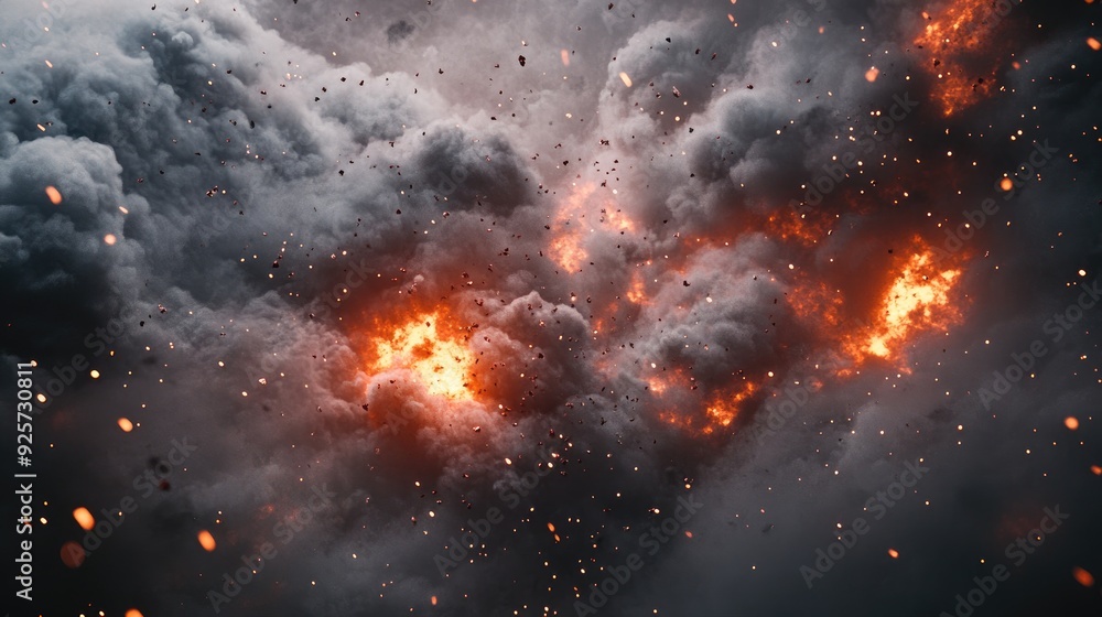 Poster fiery explosion particles: dark gray smoke clouds filled with fiery explosion particles, creating a 