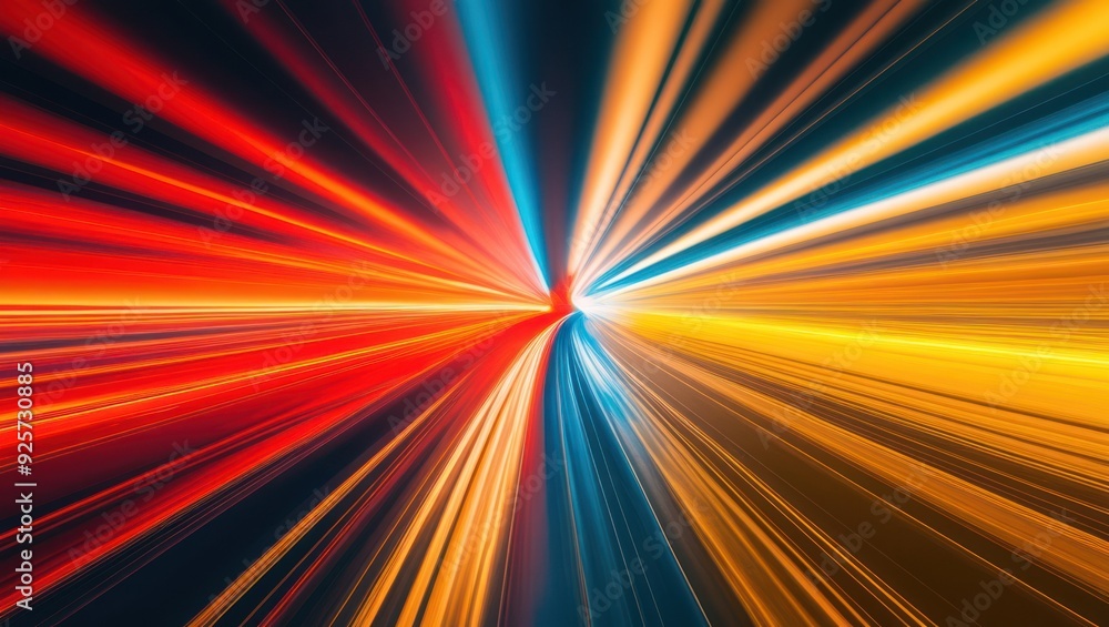 Poster bright, dynamic light rays burst from center, creating vibrant, abstract composition ideal for techn