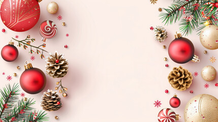 "Festive template with red and gold ornaments, pine cones, 'Merry Christmas' text, and space for event details."