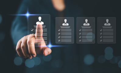 HR Human resources management concept. Headhunters recruit employees by candidate resumes on a...