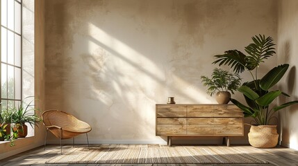 Modern wooden sideboard with decorative items in a sparsely furnished room with beige walls. 3D renderings