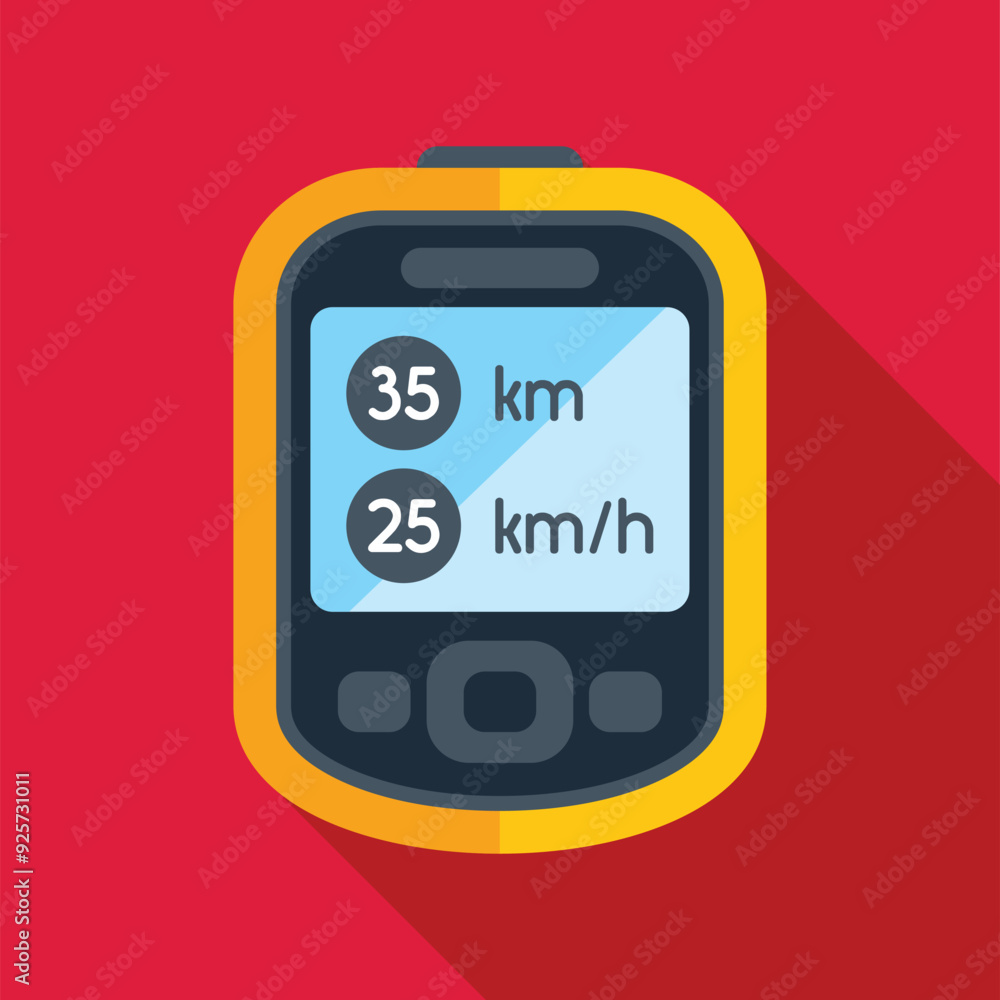 Poster yellow gps navigation device showing distance and speed on red background